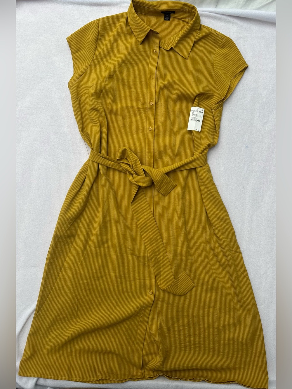 Halogen Mustard Button-Front Midi Dress with Waist Tie
